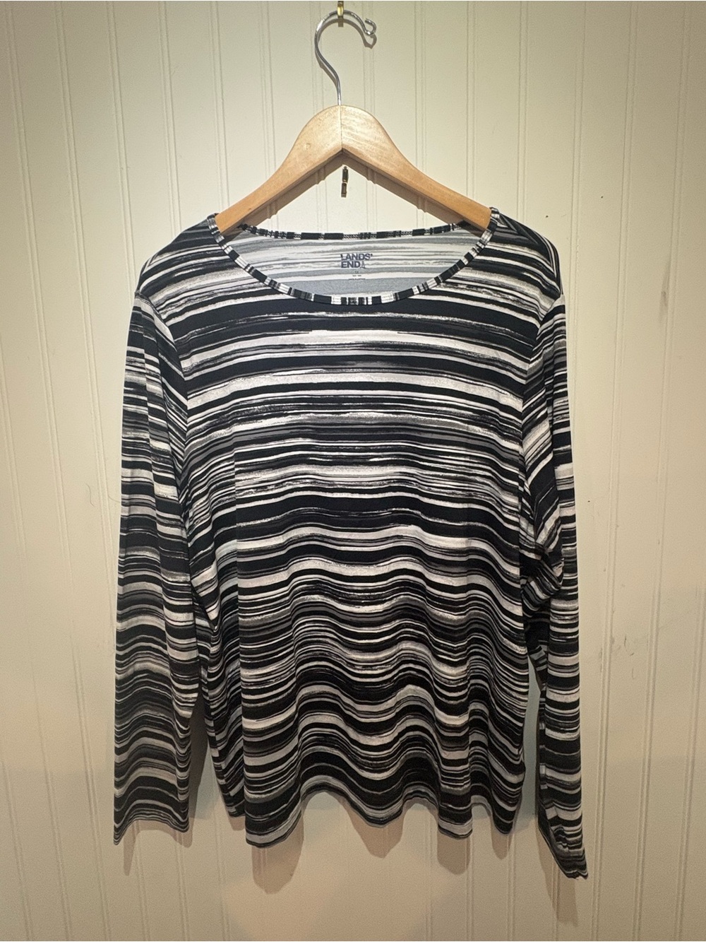 Lands' End Black & White Striped Long Sleeve Top fast dry